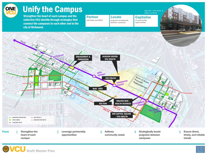 draft of the v c u master plan on unifying the campus. The focus is on strengthening the heart of each campus, leverage partnership opportunities, address community needs, strategically locate programs between campuses and ensure direct, timely and reliable transit