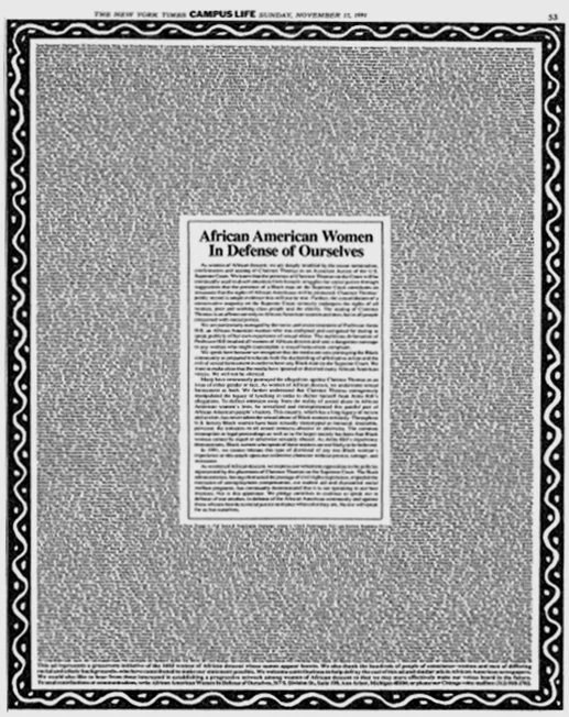 Full newspaper page covered in 1600 names who signed in support of Anita Hill in 1991. In the center is a proclamation titled African American Women In Defense of Ourselves. The whole thing is surrounded by a black and white graphic border.