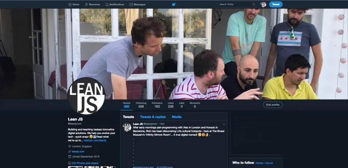 Twitter profile screen for LeanJS. At the top, an image of a group of men discussing a website profile, under which there's three columns: one with the LeanJS company details, the second showing tweets, the third showing who to follow