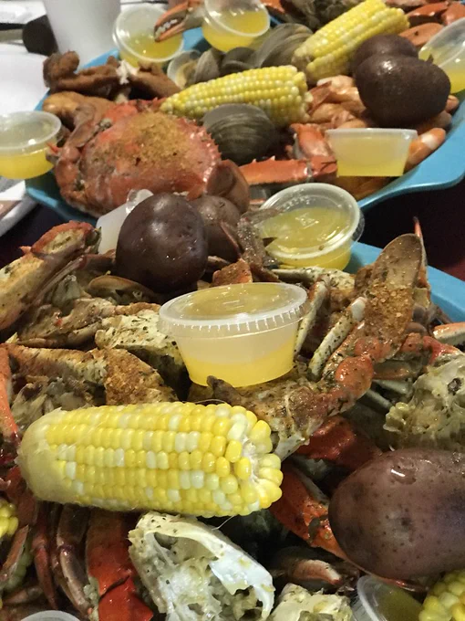 Blue crabs, corn on the cob, clams and potatoes