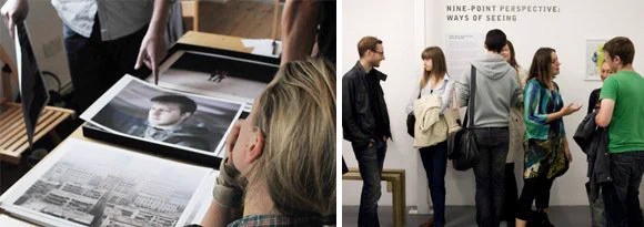 (L-R) Tri-pod workshop 2011 at RoofUnit, photo © Wendy Pye; Tri-pod exhibition at Hotshoe Gallery 2011, photo © Phillip Reed