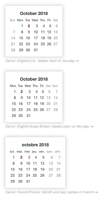 Sample monthly calendars in the U.S., Great Britain, and France