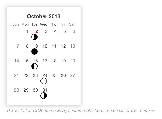 Sample monthly calendar showing the phase of the moon