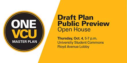 Graphic for the one v c u master plan. Text reads draft plan public preview open house thursday october 4 from 5 to 7pm in the university student commons floyd avenue lobby