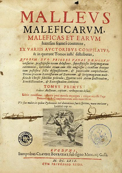 Title page of the Malleus Maleficarum, printed in red and black text with an engraving of Mercury towards the bottom of the page