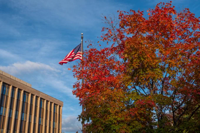 Blue sky, red tree leaves with the American flag peeking out behind the tree