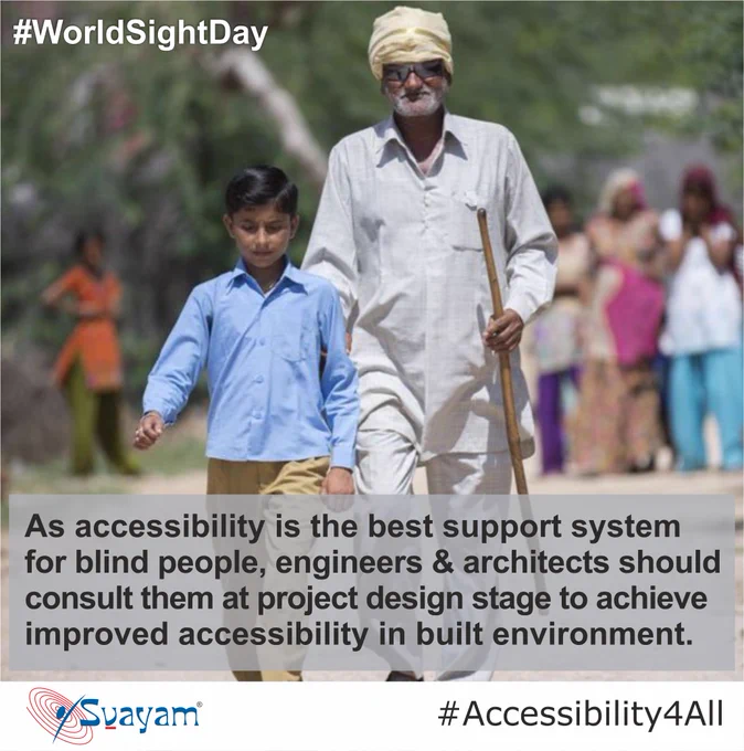 Photo description for visually impaired users: Photo of a visually impaired elderly with his grandchild waling on the road with text that reads- "As accessibility is the best support system for blind people, engineers & architects should consult them at project design stage to achieve improved accessibility in built environment. "