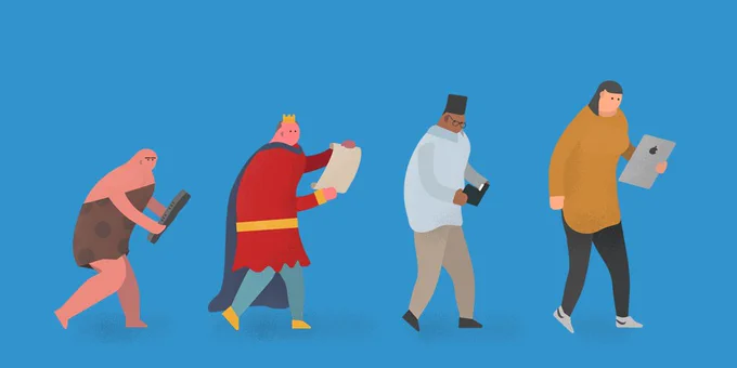 Illustration of the evolution of man with men and women holding different historical versions of the book.