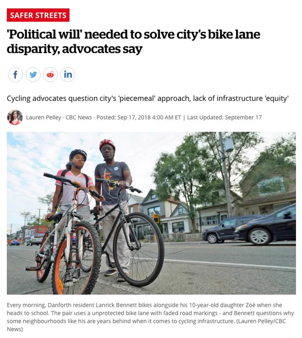 Every morning, Danforth resident Lanrick Bennett bikes alongside his 10-year-old daughter Zoë when she heads to school. The pair uses a unprotected bike lane with faded road markings - and Bennett questions why some neighbourhoods like his are years behind when it comes to cycling infrastructure. (Lauren Pelley/CBC News)