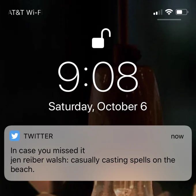 Screen shot of a home screen notification for @jrw's Tweet: casually casting spells on the beach