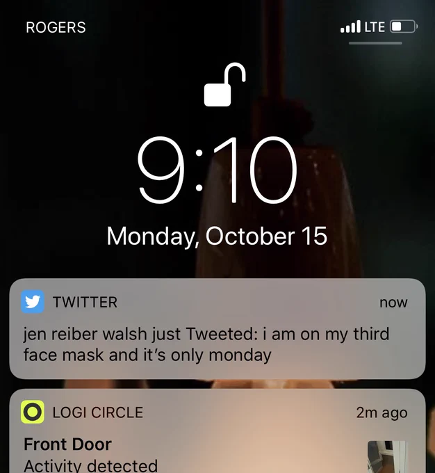 Screen shot of a home screen notification for @jrw's Tweet: i am on my third face mask and it's only monday