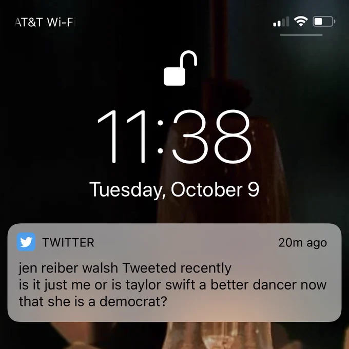 Screen shot of a home screen notification for @jrw's Tweet: is it just me or is taylor swift a better dancer now that she is a democrat?