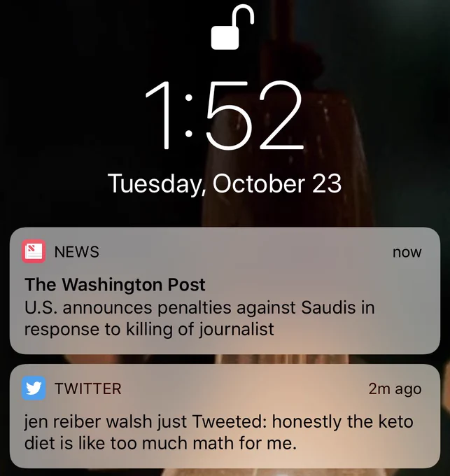 Screen shot of a home screen notification for @jrw's Tweet: honestly the veto diet is like too much math for me