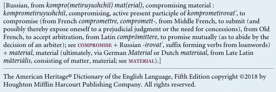 A screenshot of the etymology of the word "kompromat" in the American Heritage Dictionary.