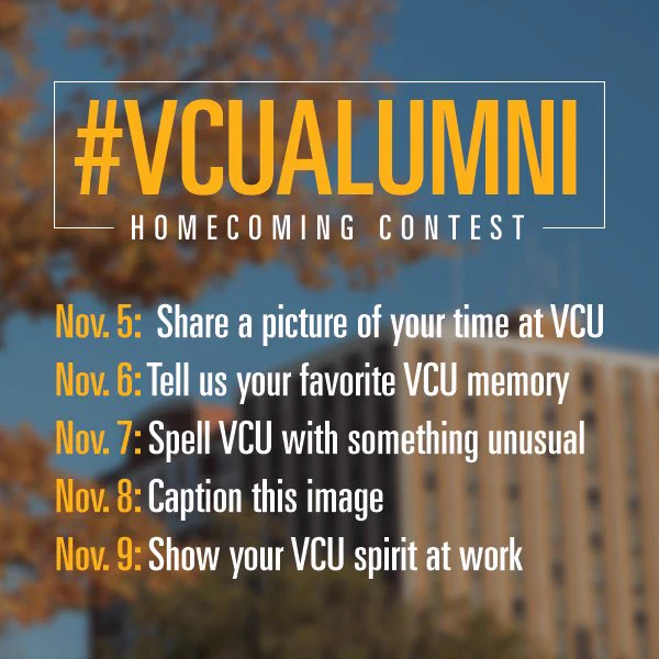 A blurred image of the VCU campus in the fall sits behind a description of each daily Homecoming contest task.