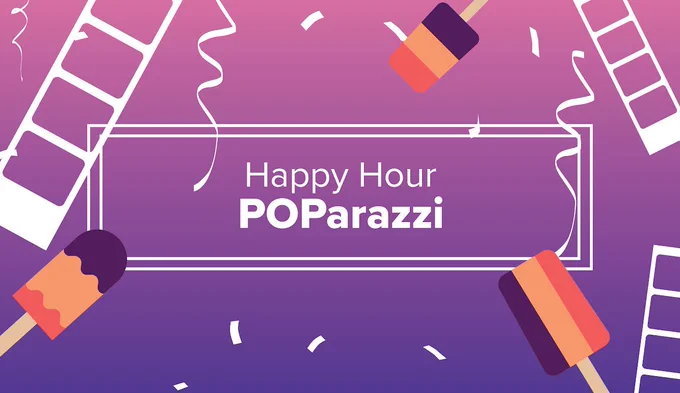 The words “Happy Hour POParazzi” on a purple background with images of popsicles on the sides.