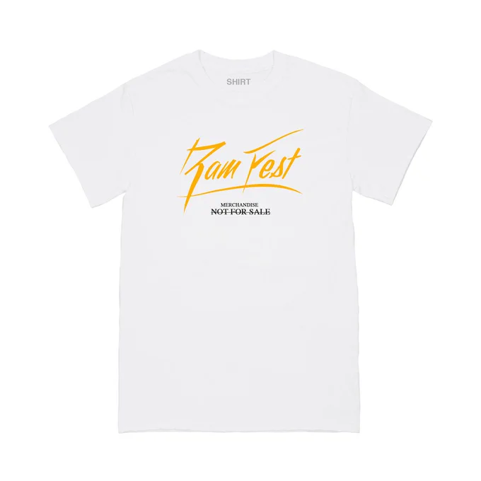 Front of a white Ram Fest t-shirt with the gold Ram Fest logo and "Merchandise" "Not for Sale" written underneath it.