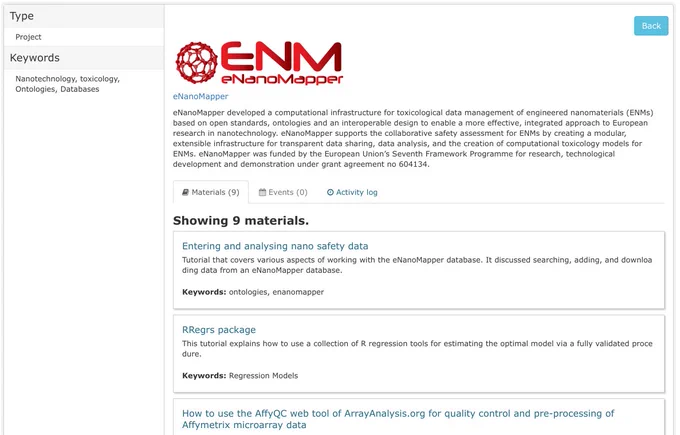 TeSS content provider page of eNanoMapper listing the (now) 9 materials.