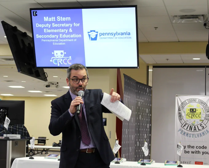 Matt Stem speaks to students participating in the Cyber Robotics Coding Competition