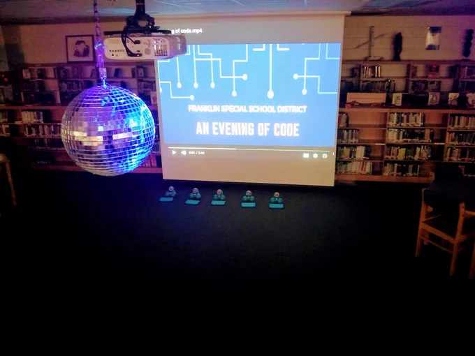disco ball with evening of code banner