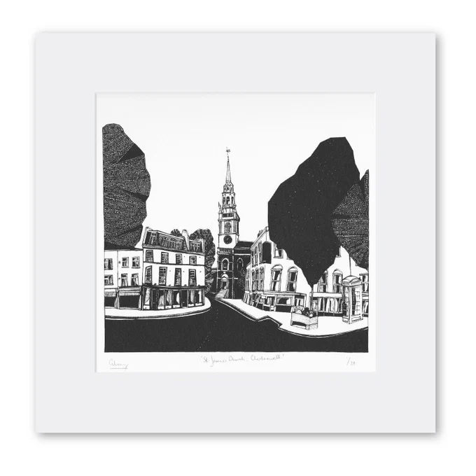 Limited-edition print of St James's Church in Clerkenwell, London by Cecily Vessey