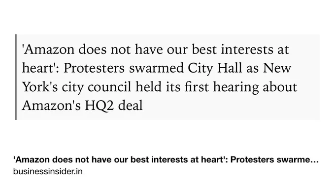 Text Shot: 'Amazon does not have our best interests at heart': Protesters swarmed City Hall as New York's city council held its first hearing about Amazon's HQ2 deal