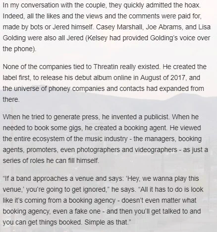 fake publicist, booking agent etc.