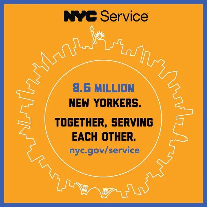 NYC Service logo at the top. In the center, it reads: "8.6 million New Yorkers. Together, serving each other. nyc.gov/service".