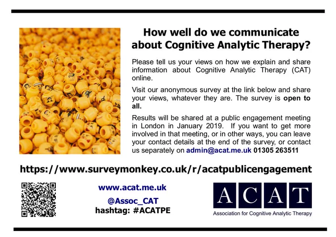 Poster asking 'How well do we communicate about Cognitive Analytic Therapy?' and giving details of public engagement online survey- includes image of hundreds of yellow lego minifigure heads with different emotional expressions - frowns, smiles, laughter, anger etc etc