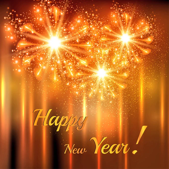 Happy New Year written with warm, golden fireworks cascading down the back.