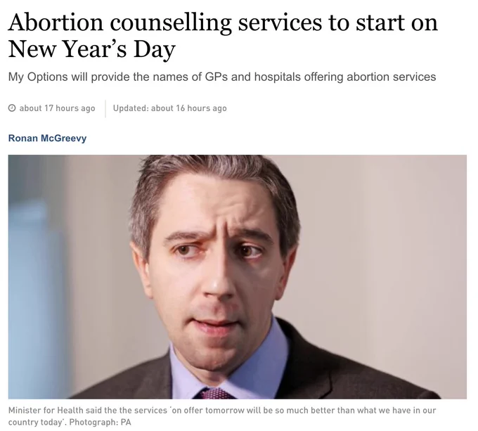 Photo of Minister for Health Simon Harris with the headline "Abortion counselling services to start of New Year's Day"