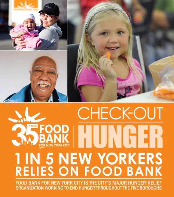 A collage with a mom and a baby in the top left corner, an older man under them, and a young girl on the right side. Underneath it says: Check-out hunger. 1 in 5 New Yorkers relies on food bank.