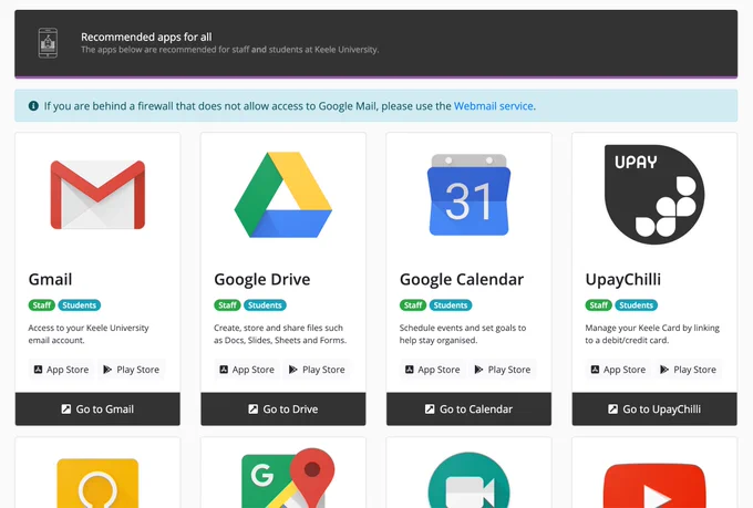 A preview of the updated Mail and Apps tab found within the Keele Learning Environment.