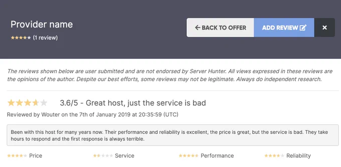 An example of a 'provider review' on serverhunter.com