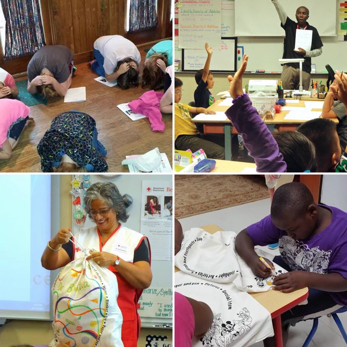 A collage of images. Upper-left: students in a circle on the floor, heads down, hands over head, bracing themselves. Upper-right: a classroom with a teacher and students raising their hands. Lower-left: a Red Cross volunteer tying up a pillowcase. Lower-right: a student coloring a pillowcase.