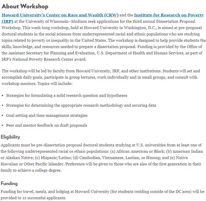 Call for applications page at https://www.irp.wisc.edu/2019-dissertation-proposal-workshop-call-for-applications-due-2-1-2019/