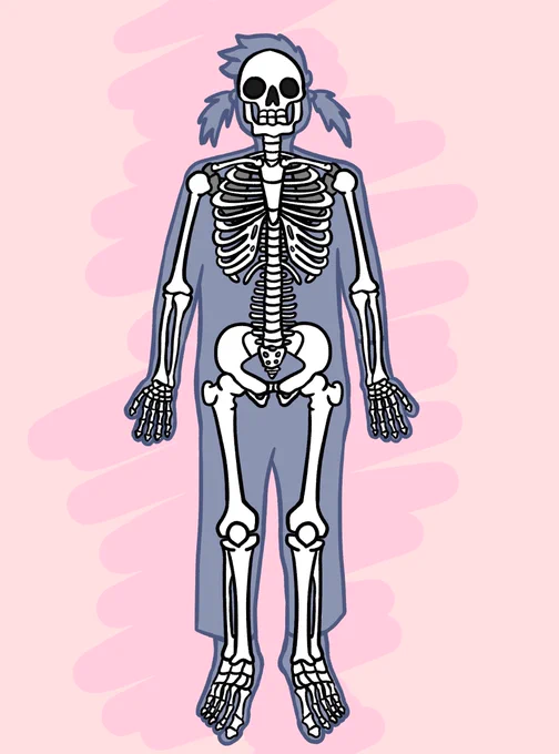 A simplified drawing of a girl and her skeleton. Purple outlines, pink background.