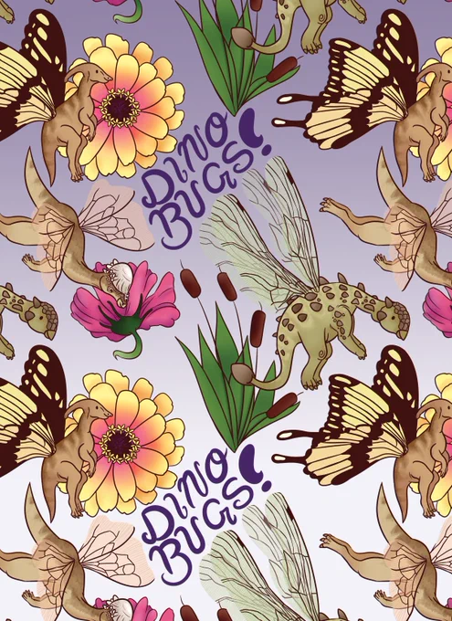 A repeating pattern with the words Dino Bug. 3 different types of dinosaurs with various insects wings, flying in front of flowers