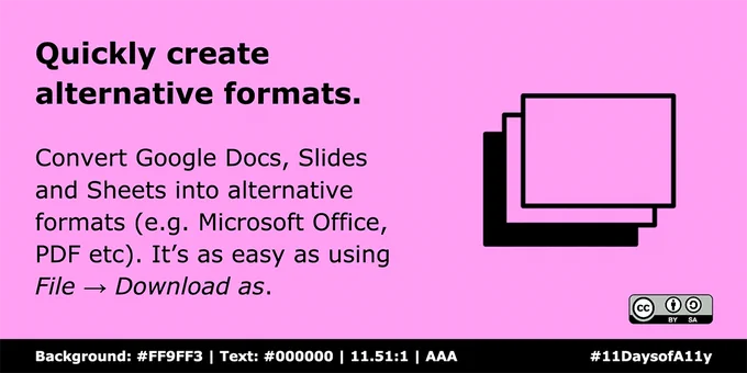 Convert Google Docs, Slides and Sheets into alternative formats (e.g. Microsoft Office, PDF etc). It’s as easy as using File → Download as.