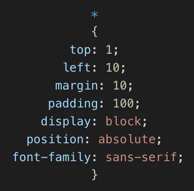 Screenshot of CSS properties, ordered by length, and center aligned, to look like a christmas tree.