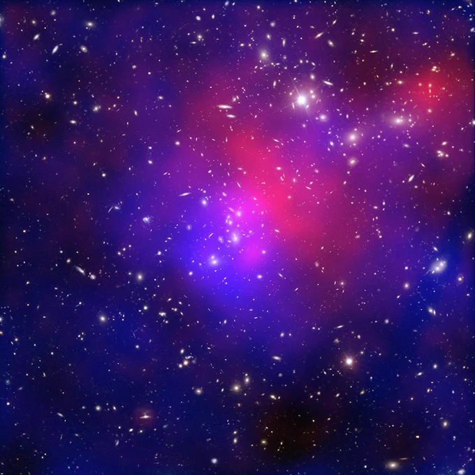 red and blue galaxy cluster collision 