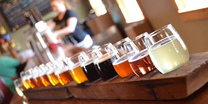 Craft beers lined up at Red Shedman Farm Brewery & Hop Yard
