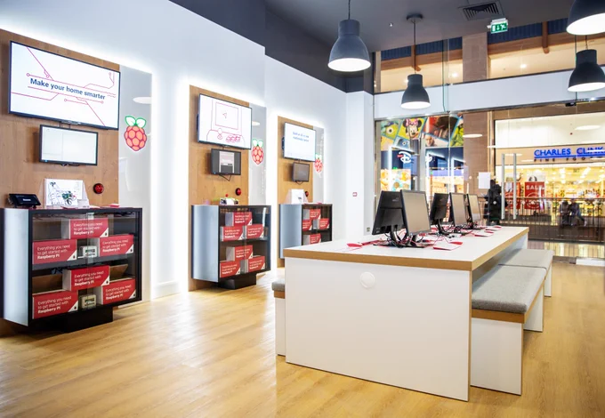 A photograph of the inside of the new Raspberry Pi Store, showing the project areas.