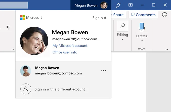 Windows #OfficeInsiders, with the latest #InsiderFast build the new account manager makes it clear how you're logged in, and now you can toggle between work and personal accounts without having to sign out first or deal with complex dialogs.
