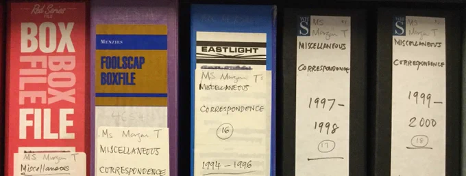 Colour photograph of file boxes labelled 'Miscellaneous Correspondence' by poet Edwin Morgan, from his papers in the University of Glasgow Library