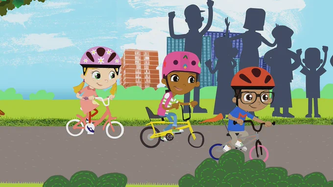 The Apple Tree House Friends; Bella, Sam and Mali, ride their bicycles!