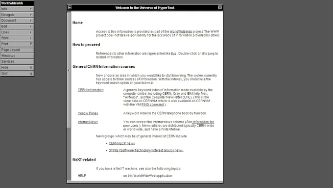 The welcome site for the WorldWideWeb browser at CERN
