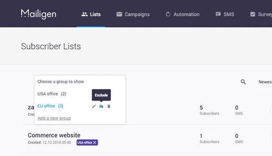 email campaign and list grouping feature Mailigen