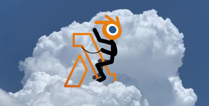Picture of a stickman character, with the Blender logo as its head, riding the AWS Lambda logo as if it were a horse while emerging from a cloud.