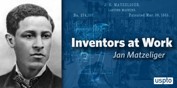 Black and white photo of Jan Matzeliger with patent art from his invention and a shoe factory in the background